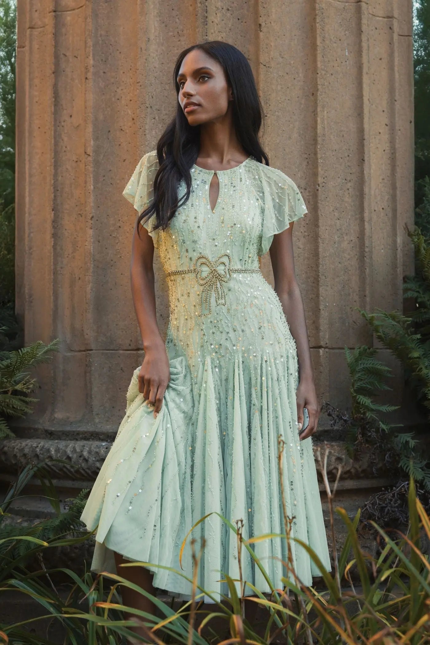 Green Embellished Bow Flutter Sleeve A Line Midi Dress - Image 5