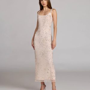 Pink Scoop Neck Embellished Dress With Bow Detail