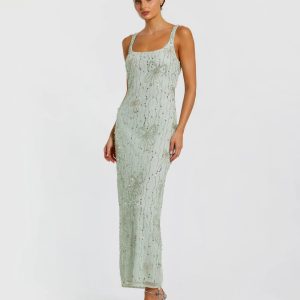Green Scoop Neck Embellished Dress With Bow Detail