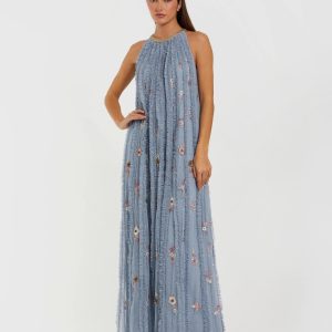 Blue Ruffled Trapeze Gown with Floral Embroidery