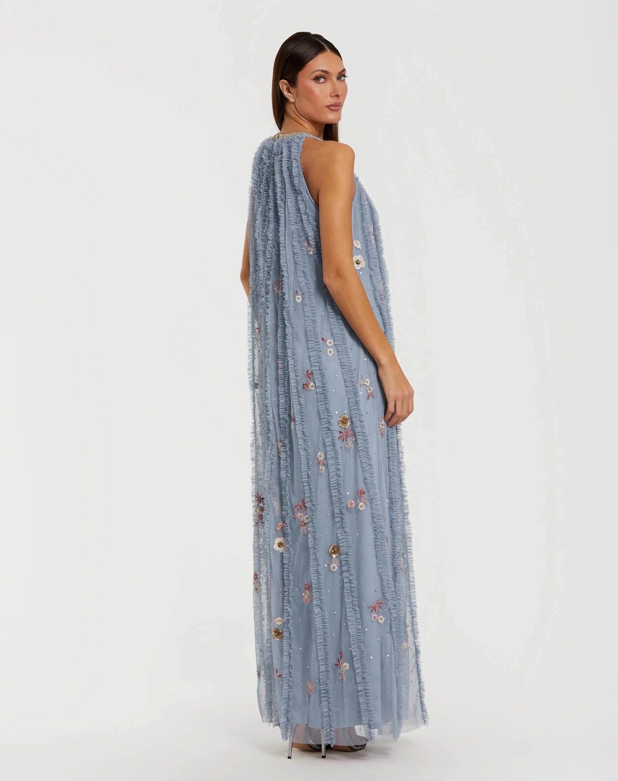 Blue Ruffled Trapeze Gown with Floral Embroidery - Image 3