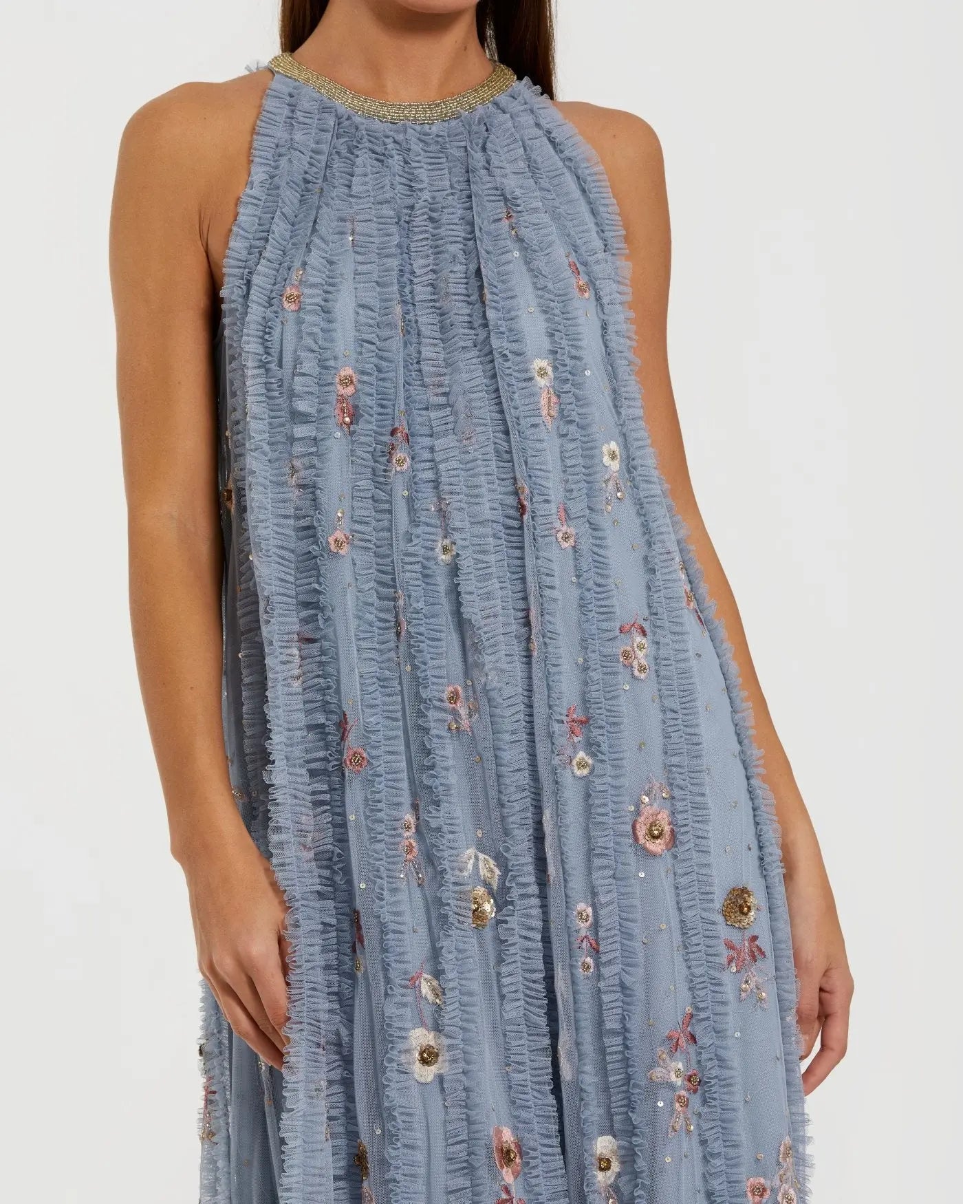 Blue Ruffled Trapeze Gown with Floral Embroidery - Image 2