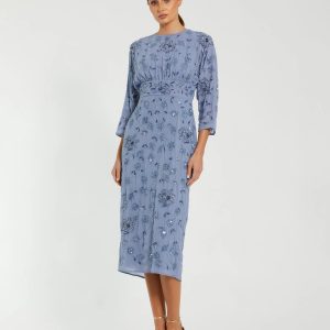 Blue Floral Embellished Midi Dress with 3/4 Sleeves
