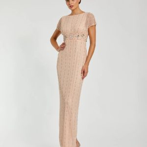 Light Pink Beaded Blouson Column Gown