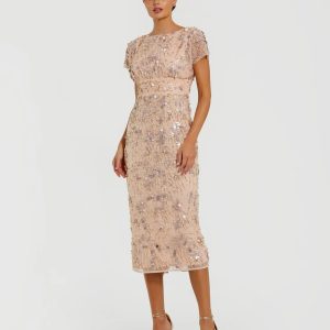 Pink Embellished Cap Sleeve Midi Dress