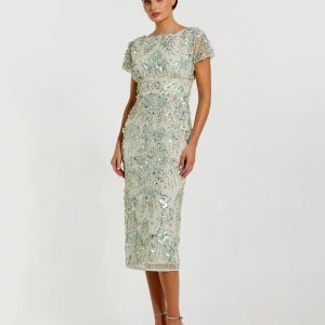 Green Embellished Cap Sleeve Midi Dress