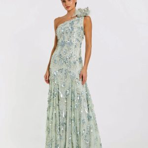 Green Embellished One Shoulder Trumpet Gown with Flower