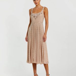 Pink Sleeveless Scoop Neck Embellished Midi Dress