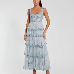 Blue Embellished Net Tiered Ruffle Scoop Neck Dress
