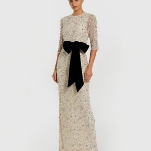 Ivory Embellished Evening Gown with Velvet Bow