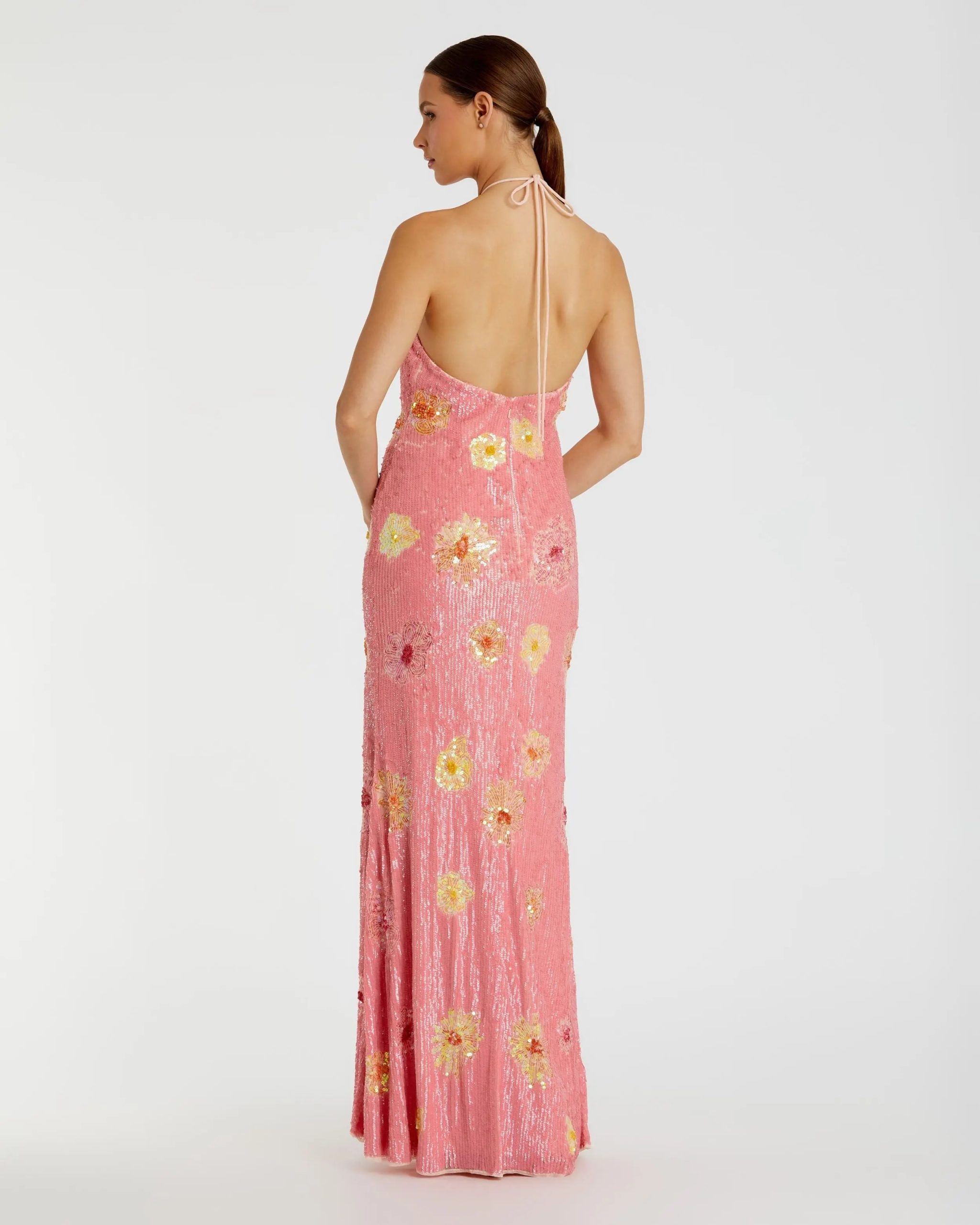 Pink Floral Beaded Halter Gown With 3D Flower - Image 2