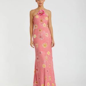 Pink Floral Beaded Halter Gown With 3D Flower