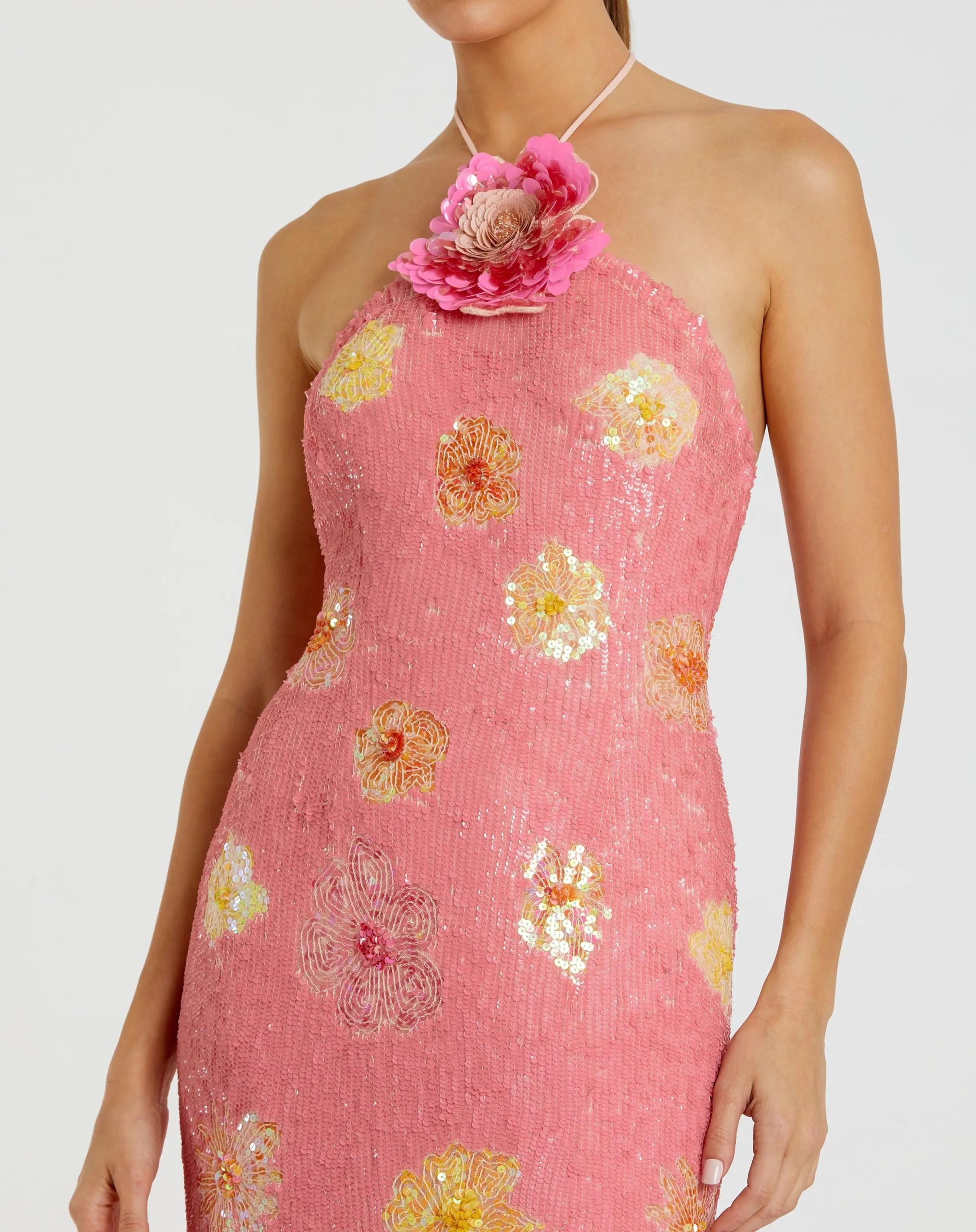 Pink Floral Beaded Halter Gown With 3D Flower - Image 3