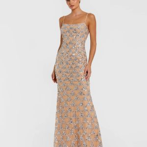 Nude Sleeveless Rhinestone Embellished Gown