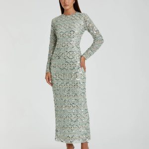 Green High Neck Long Sleeve Embellished Dress