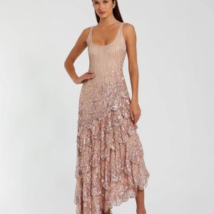 Pink Asymmetrical Scallop Hem Embellished Dress