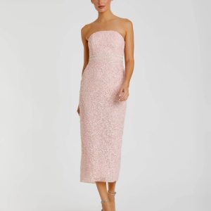 Pink Pearl Embellished Strapless Midi Dress
