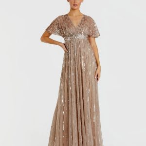 Beige Embellished Short Sleeve Empire Waist Gown