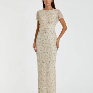 Ivory Floral Embellished Mesh Fitted Column Gown