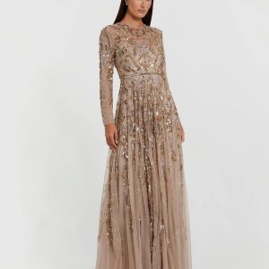 Beige Long Sleeve Hand Embellished Gown