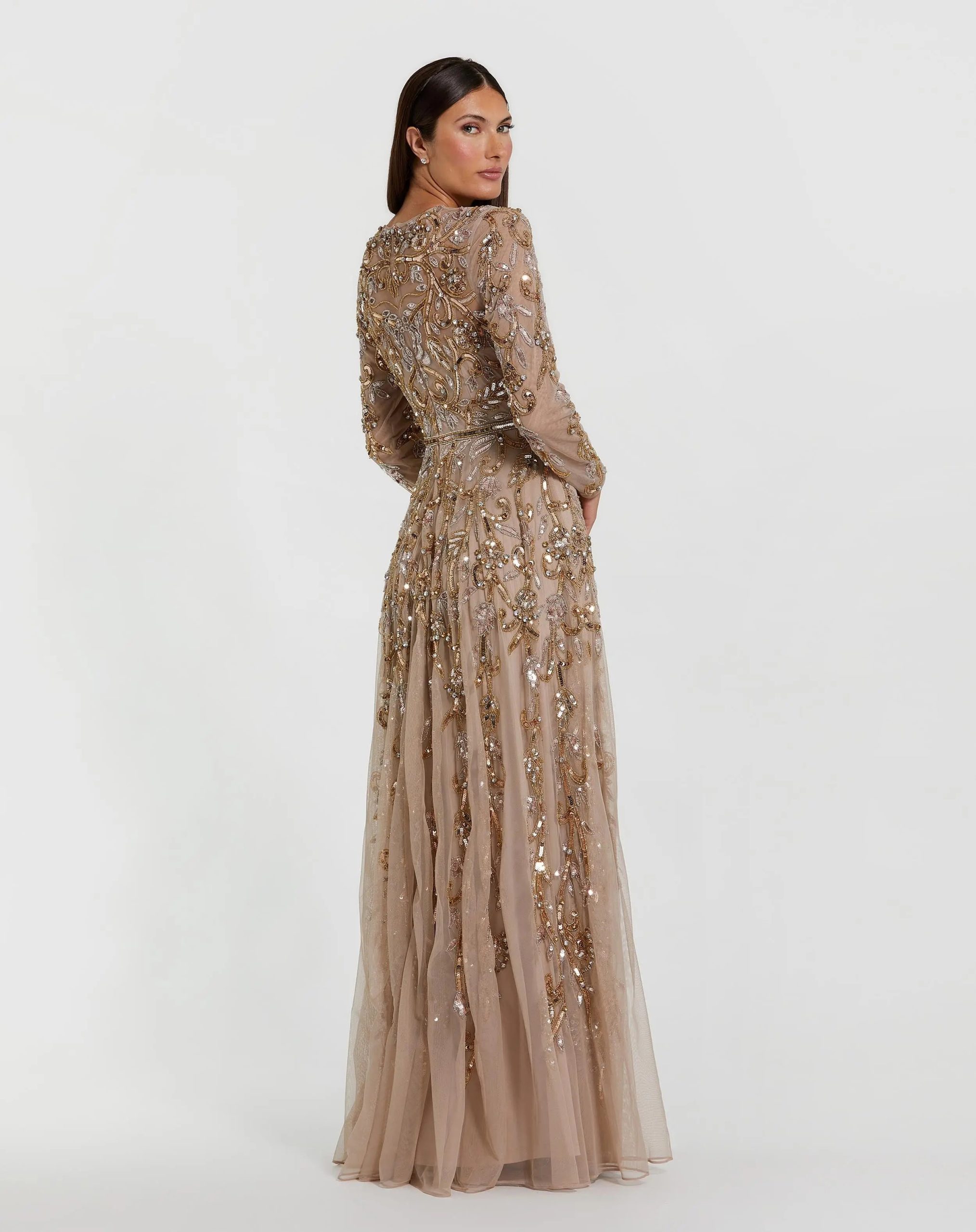 Beige Long Sleeve Hand Embellished Gown - Image 3