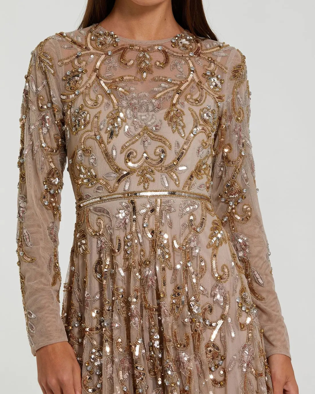 Beige Long Sleeve Hand Embellished Gown - Image 2