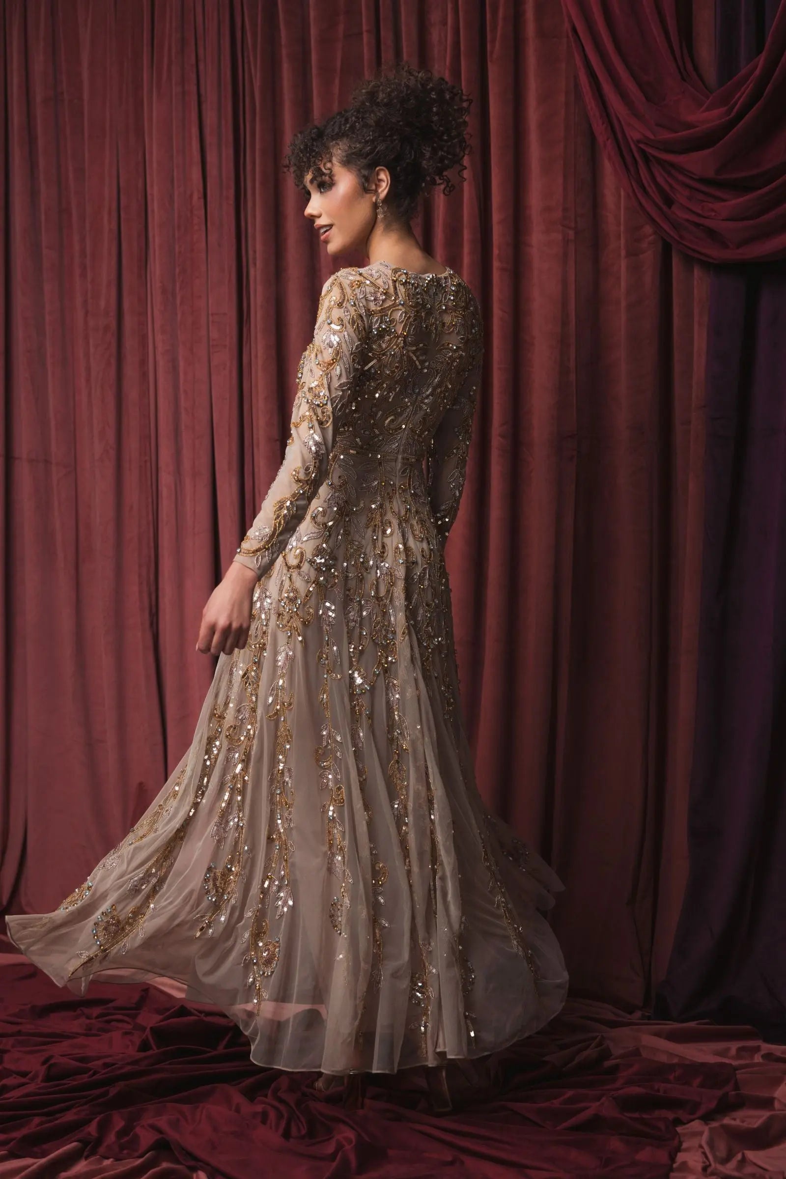 Beige Long Sleeve Hand Embellished Gown - Image 6