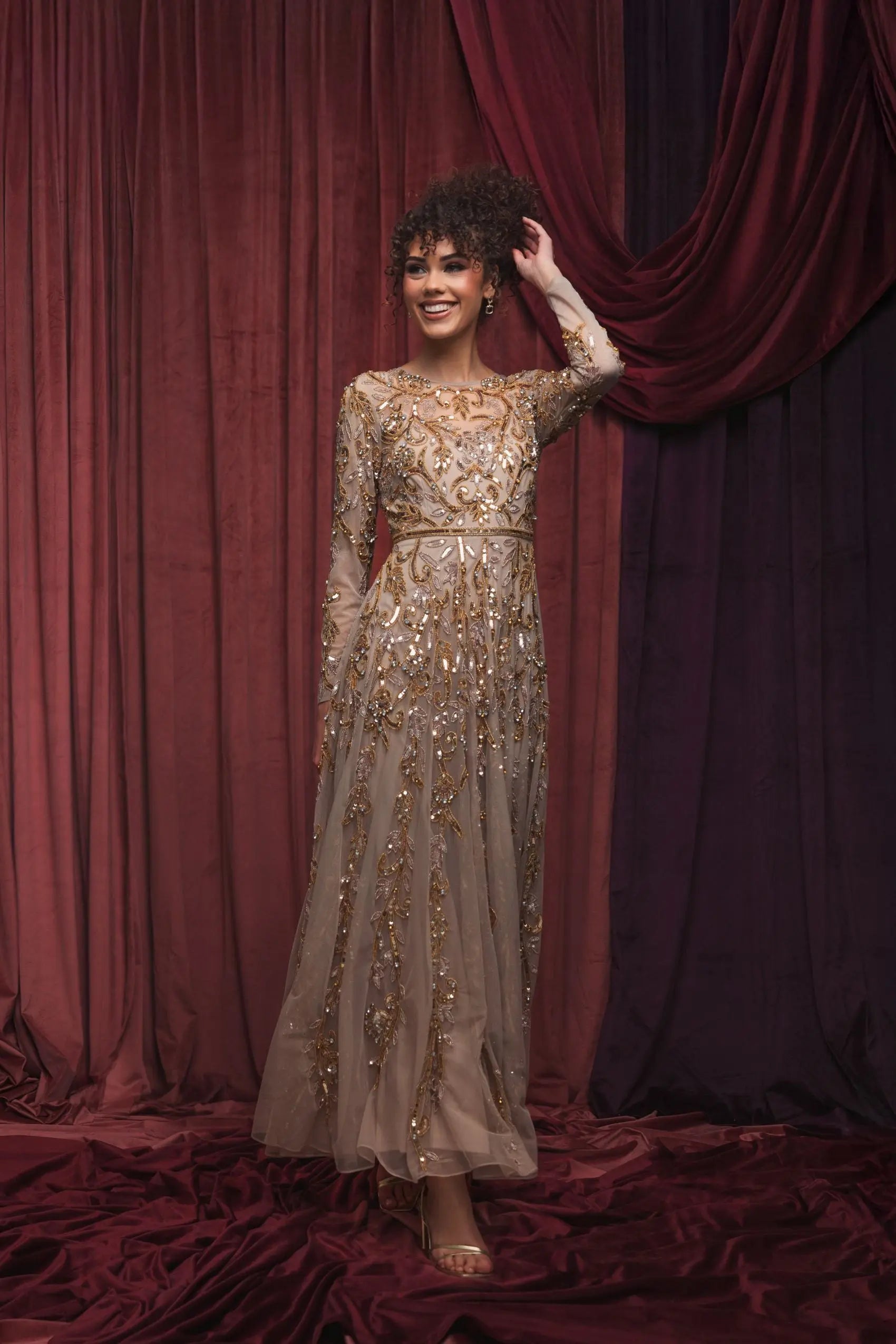 Beige Long Sleeve Hand Embellished Gown - Image 4