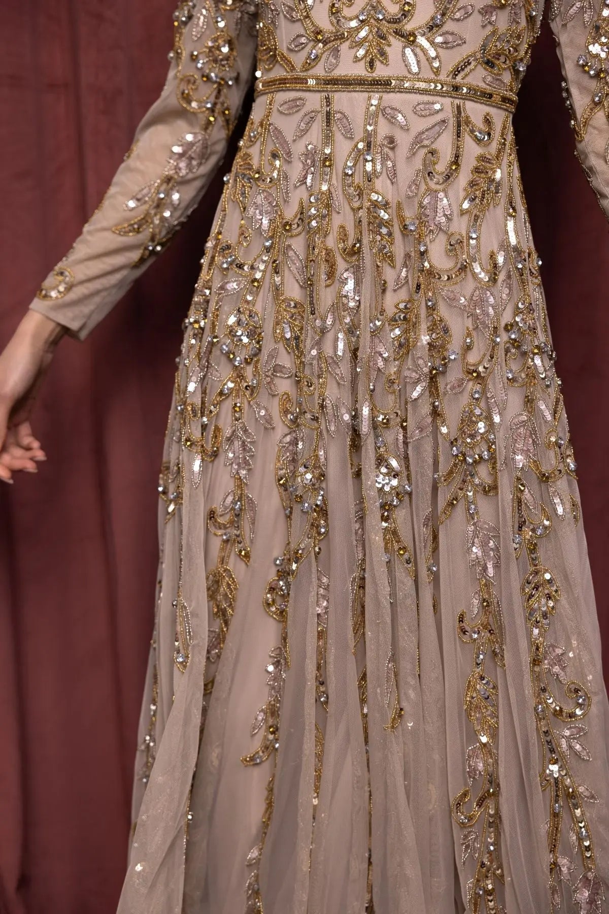 Beige Long Sleeve Hand Embellished Gown - Image 5