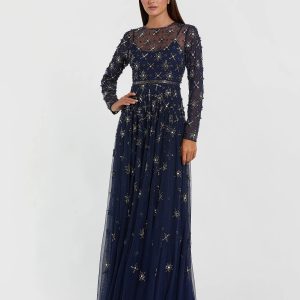 Navy Long Sleeve Crystal Embellished Evening Gown