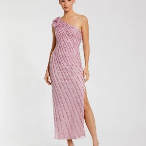 Pink One Shoulder Beaded Mesh Dress With Flower