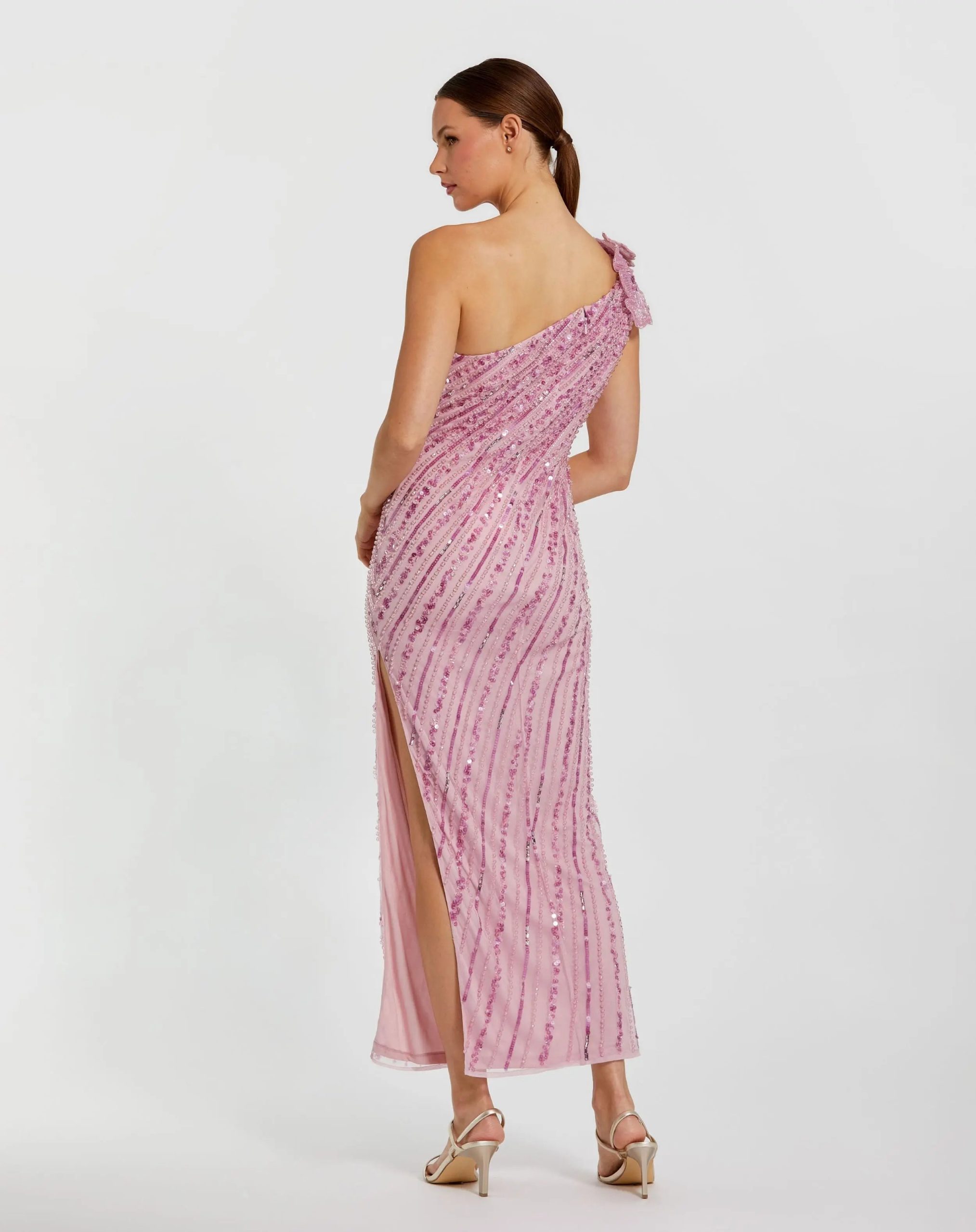 Pink One Shoulder Beaded Mesh Dress With Flower - Image 3