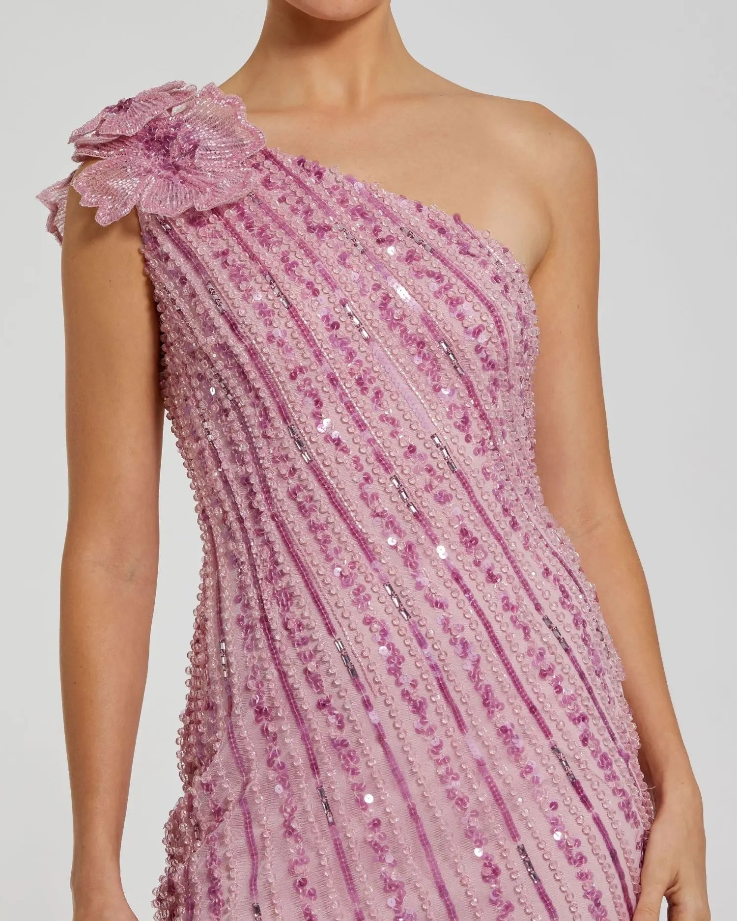 Pink One Shoulder Beaded Mesh Dress With Flower - Image 2