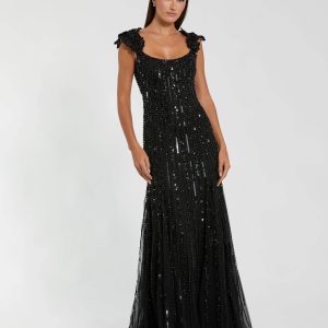 Sleeveless Mesh Gown With Floral Shoulder Detail