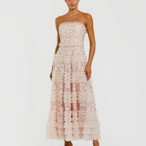 Pink Floral Embroidered Strapless Ruffle Maxi Dress