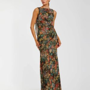 Multicolor Floral Embellished Column Gown