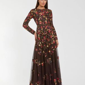 Brown Long Sleeve Floral Embellished Evening Gown