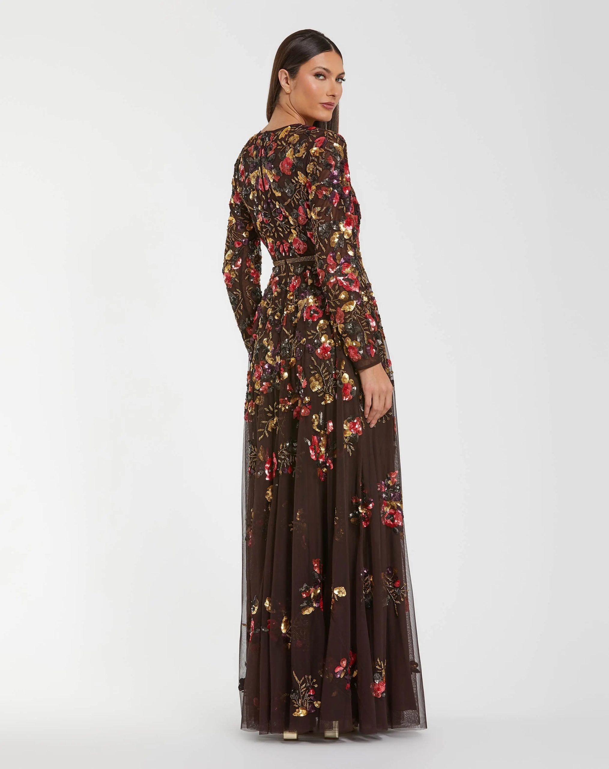 Brown Long Sleeve Floral Embellished Evening Gown - Image 3