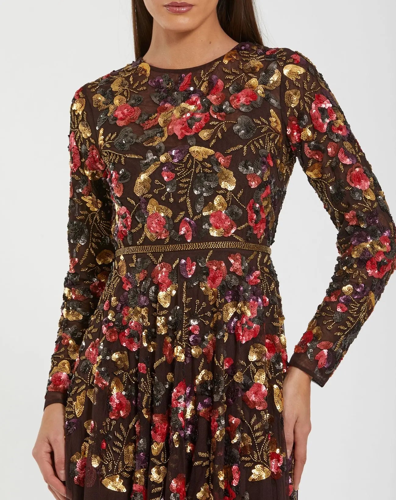 Brown Long Sleeve Floral Embellished Evening Gown - Image 2