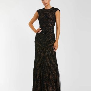 Black Embellished Lace Cap Sleeve Evening Gown