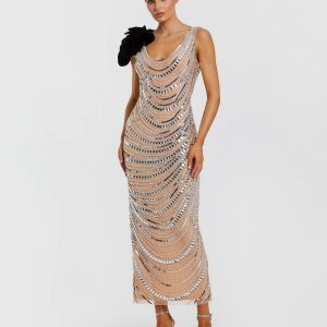 Silver Nude Sequin Cowl Midi Dress with Velvet Flower