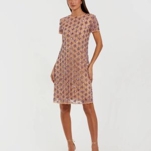 Beige Embellished Short Sleeve Shift Dress