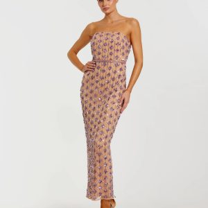 Beige and Purple Beaded Strapless Column Dress