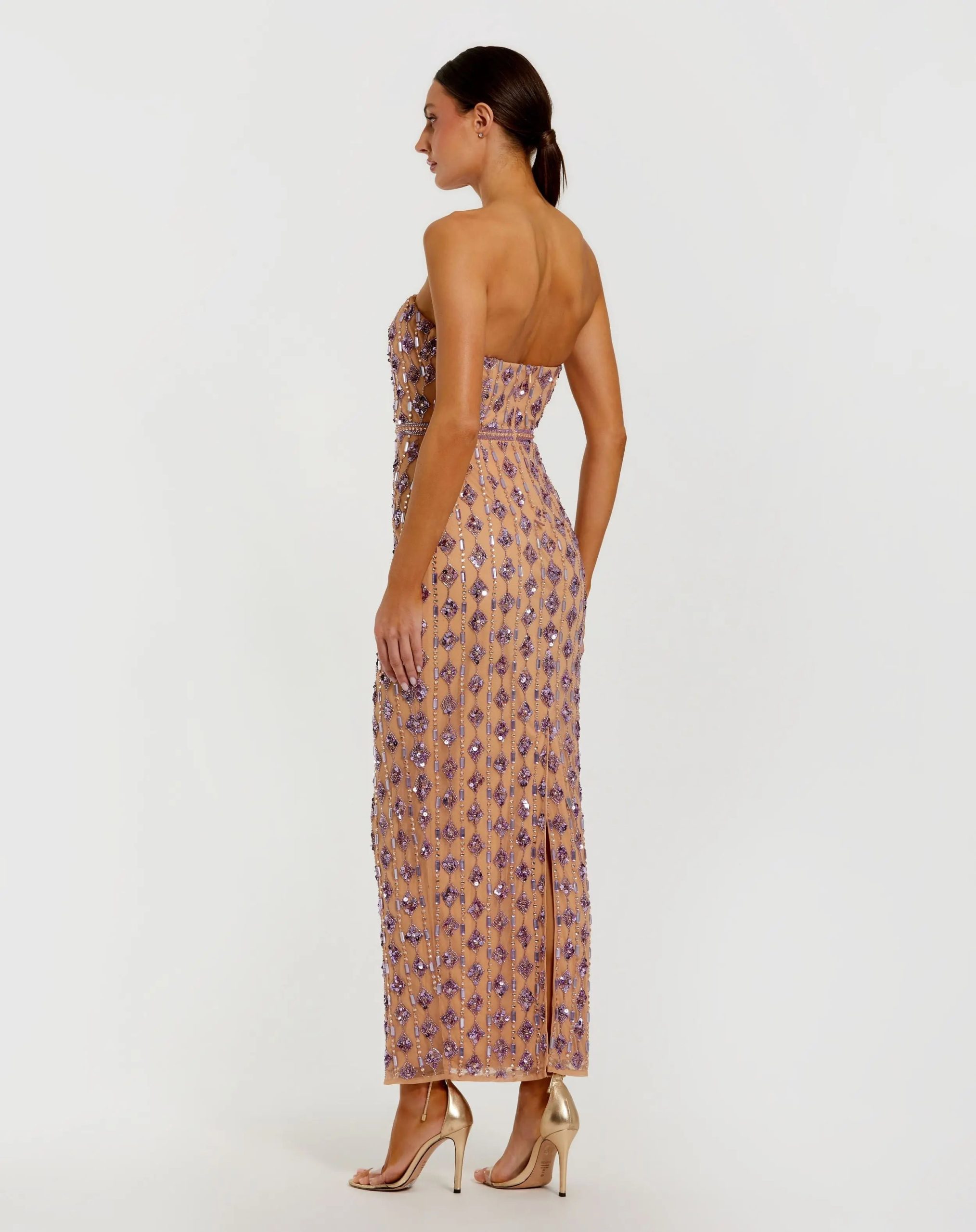 Beige and Purple Beaded Strapless Column Dress - Image 3