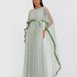 Green Beaded Cape Sleeve Gown With Ruffle Trim