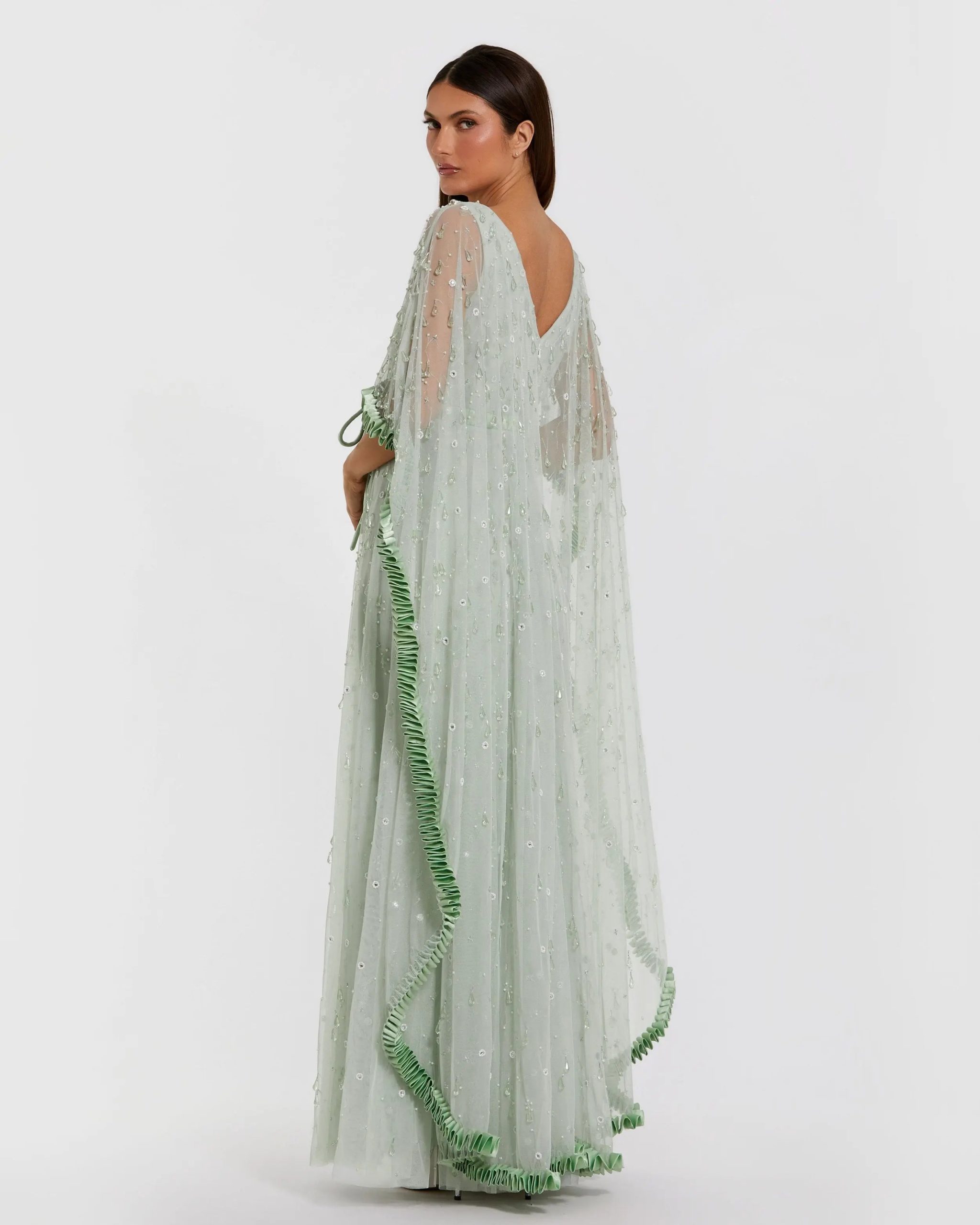 Green Beaded Cape Sleeve Gown With Ruffle Trim - Image 3