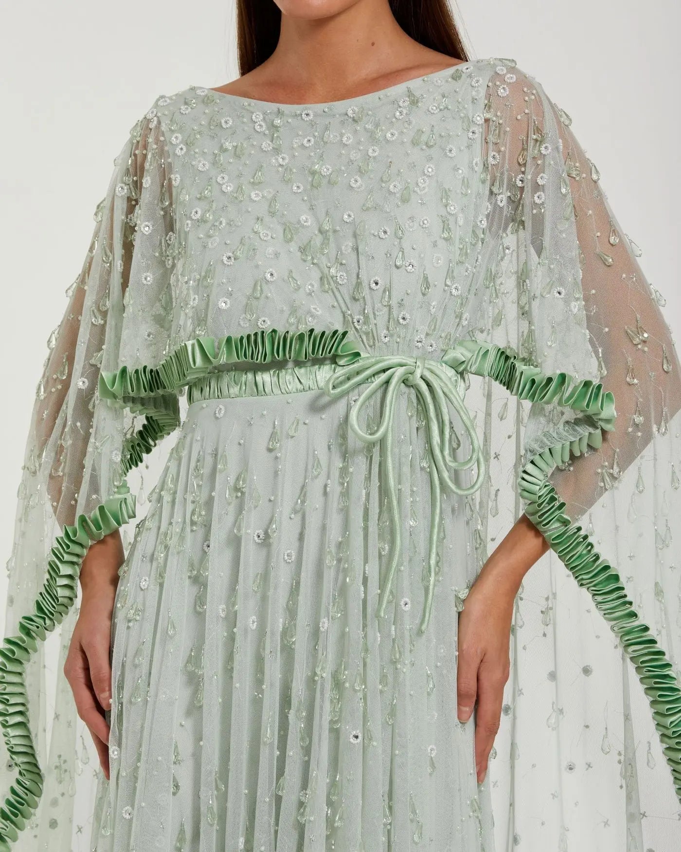 Green Beaded Cape Sleeve Gown With Ruffle Trim - Image 2