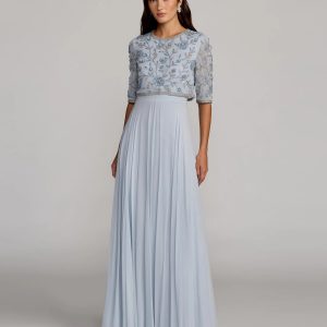 Blue High Neck Embellished Top With Chiffon Skirt Gown
