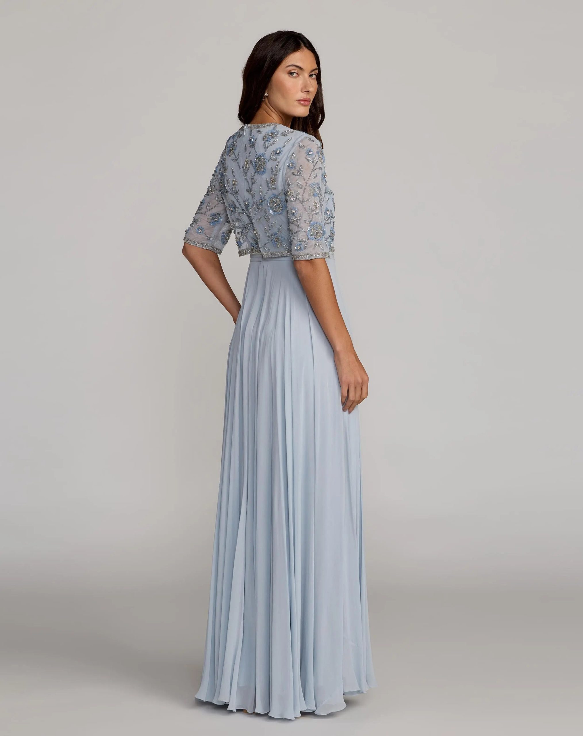 Blue High Neck Embellished Top With Chiffon Skirt Gown - Image 3