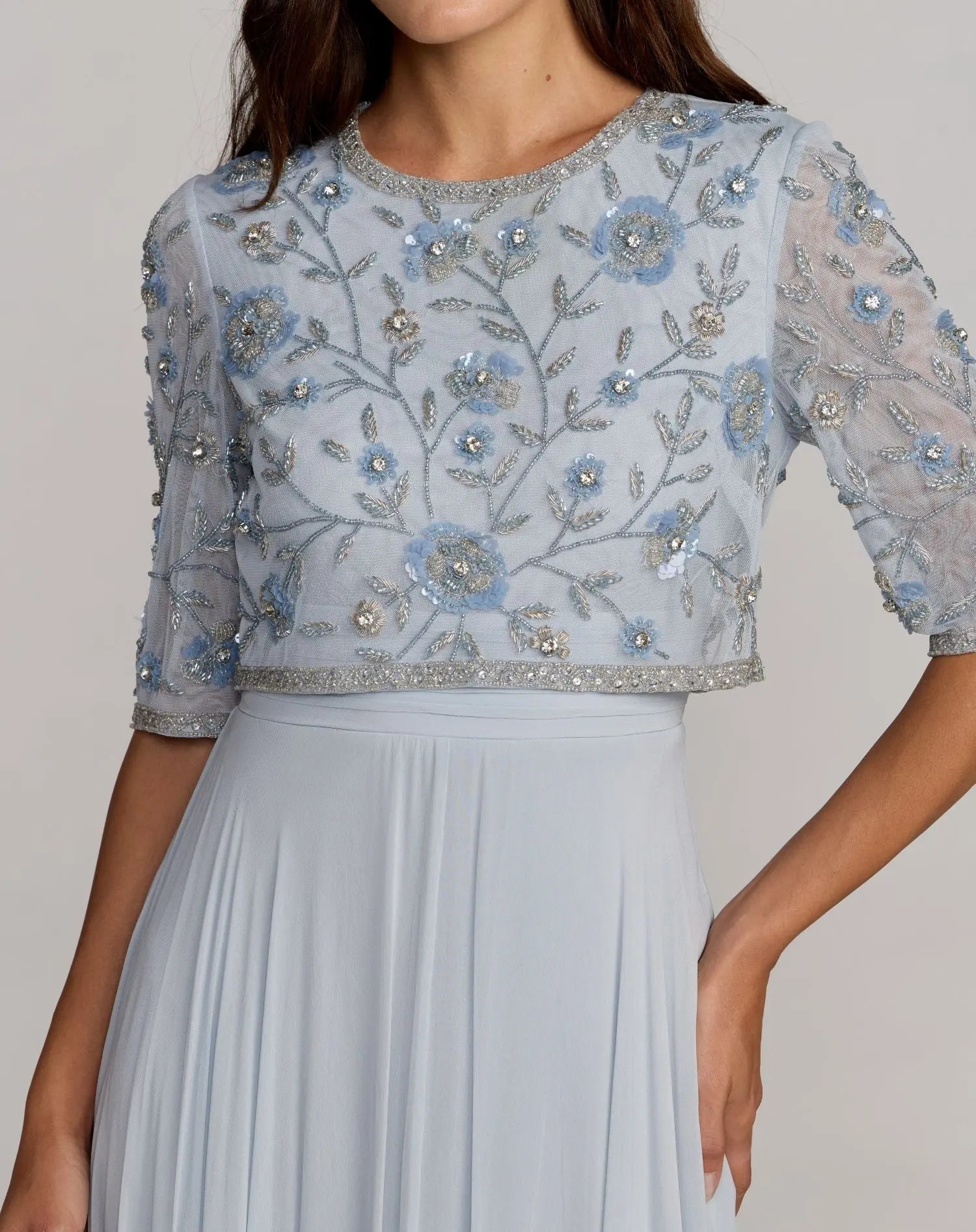 Blue High Neck Embellished Top With Chiffon Skirt Gown - Image 2